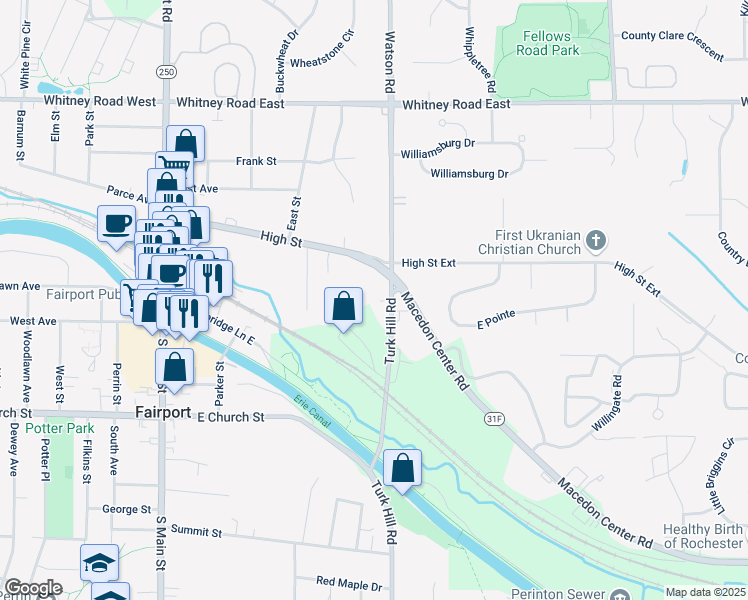 map of restaurants, bars, coffee shops, grocery stores, and more near 821 Turk Hill Road in Fairport