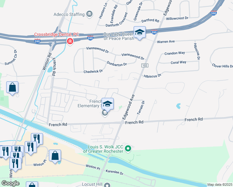 map of restaurants, bars, coffee shops, grocery stores, and more near 174 Greystone Lane in Rochester