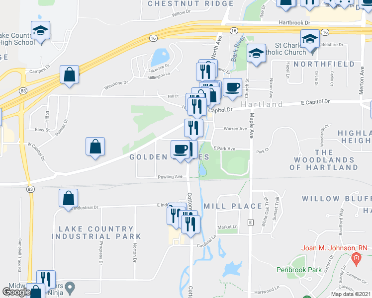 map of restaurants, bars, coffee shops, grocery stores, and more near 323 Cottonwood Avenue in Hartland