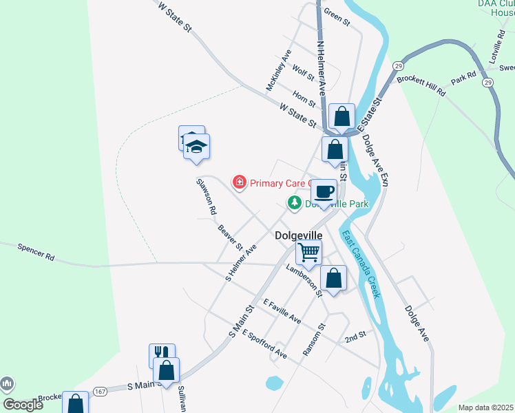 map of restaurants, bars, coffee shops, grocery stores, and more near 2 Cline Street in Dolgeville