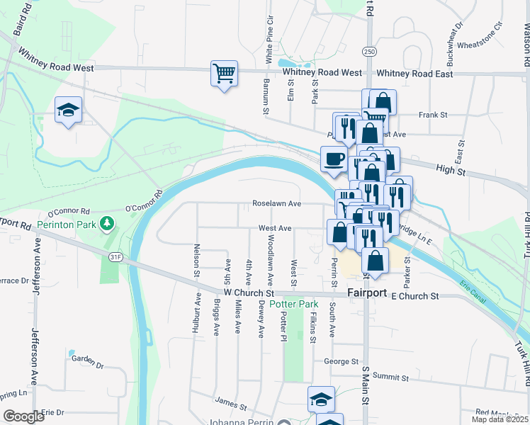 map of restaurants, bars, coffee shops, grocery stores, and more near 73 Roselawn Avenue in Fairport