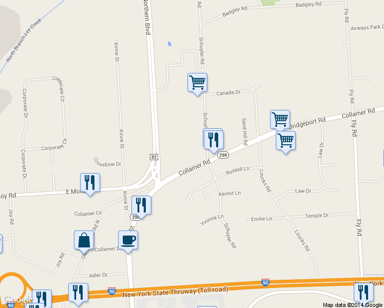 map of restaurants, bars, coffee shops, grocery stores, and more near 6475 Collamer Road in East Syracuse