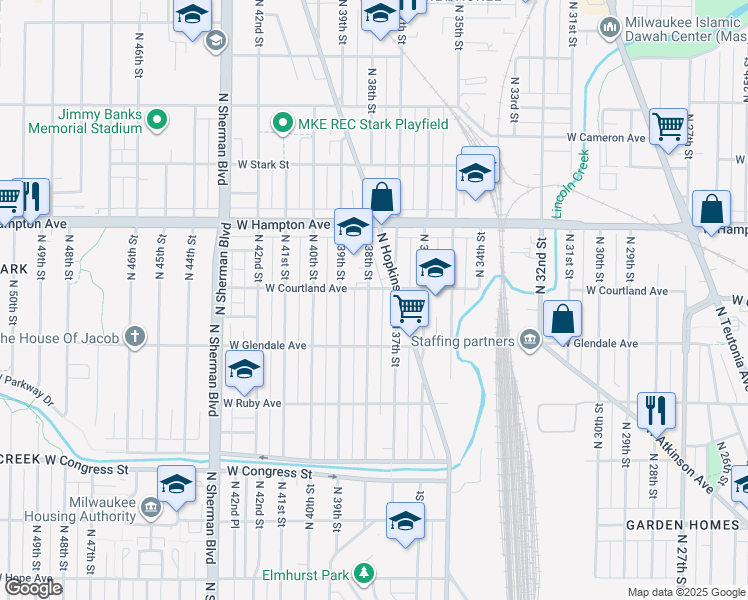 map of restaurants, bars, coffee shops, grocery stores, and more near 4676 North 38th Street in Milwaukee