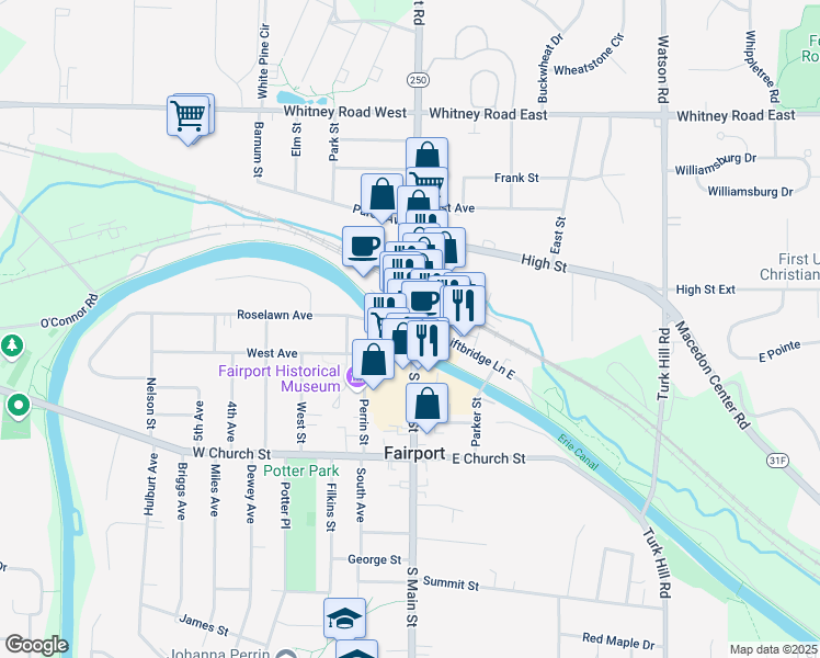 map of restaurants, bars, coffee shops, grocery stores, and more near 23 North Main Street in Fairport