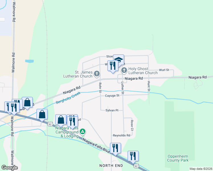 map of restaurants, bars, coffee shops, grocery stores, and more near 6663 Rohr Street in Niagara Falls