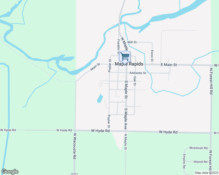 map of restaurants, bars, coffee shops, grocery stores, and more near 323 Poplar Street in Maple Rapids