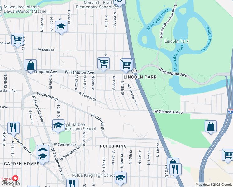 map of restaurants, bars, coffee shops, grocery stores, and more near 4693 North 19th Street in Milwaukee