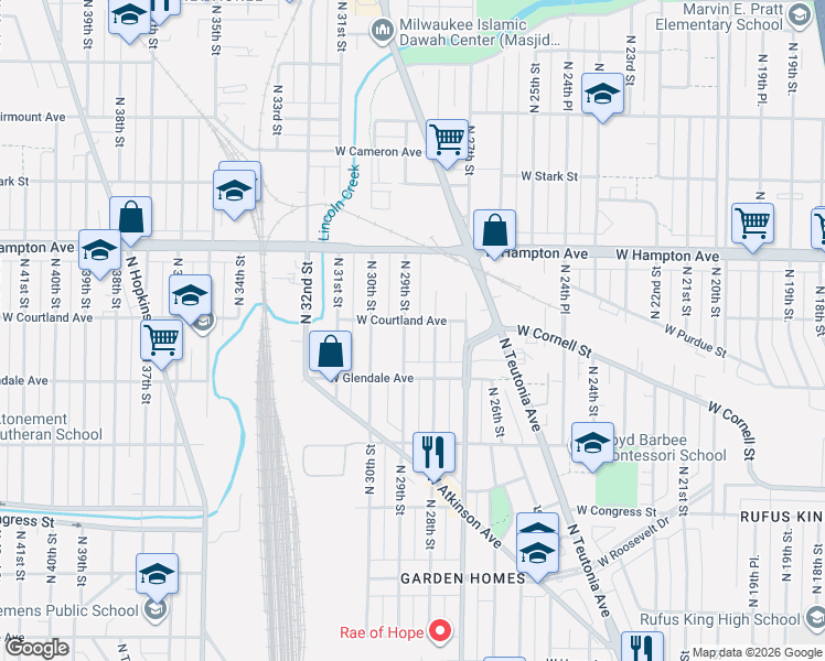 map of restaurants, bars, coffee shops, grocery stores, and more near 4669 North 29th Street in Milwaukee