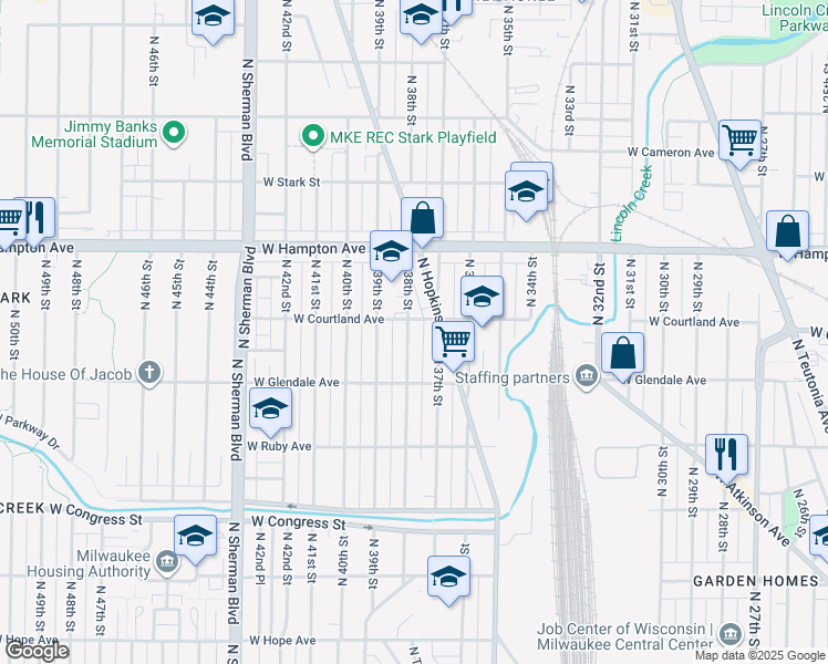 map of restaurants, bars, coffee shops, grocery stores, and more near 4676 North 38th Street in Milwaukee