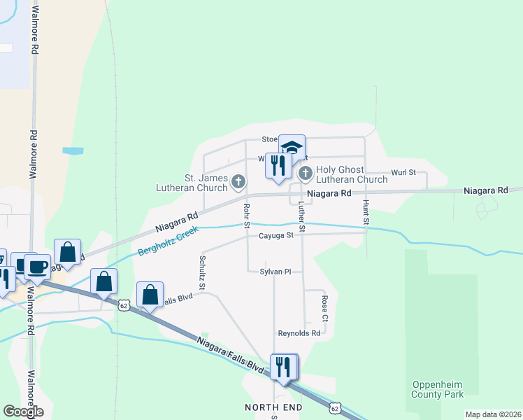 map of restaurants, bars, coffee shops, grocery stores, and more near 6663 Rohr Street in Niagara Falls