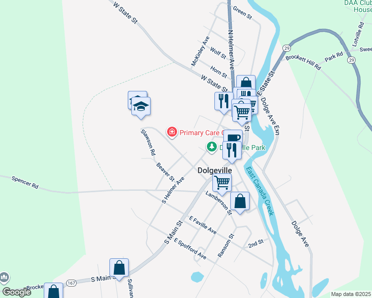 map of restaurants, bars, coffee shops, grocery stores, and more near 2 Cline St in Dolgeville