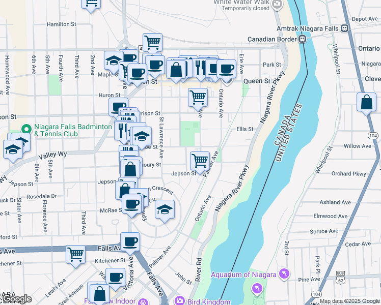 map of restaurants, bars, coffee shops, grocery stores, and more near 4982 Crysler Avenue in Niagara Falls