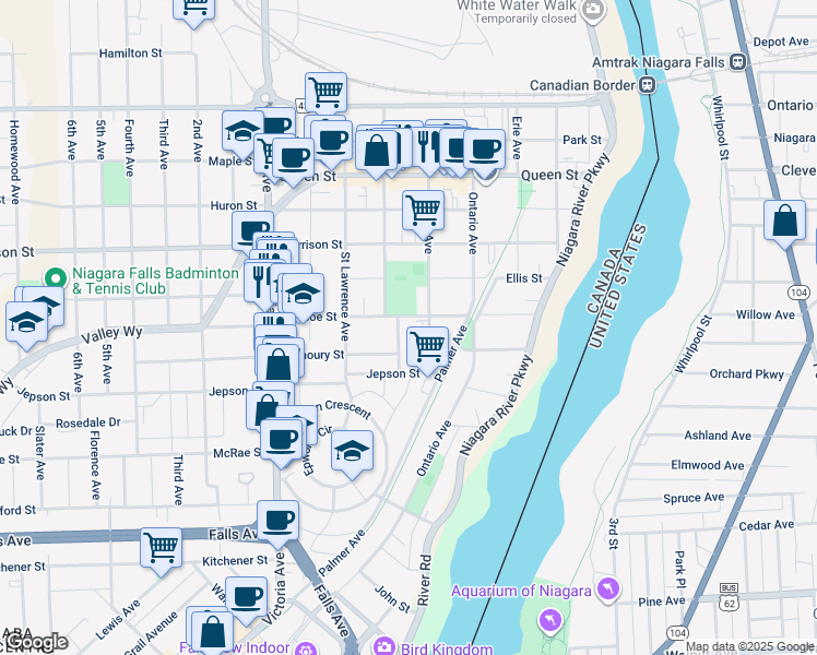 map of restaurants, bars, coffee shops, grocery stores, and more near 4982 Crysler Avenue in Niagara Falls