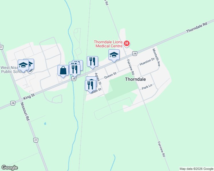 map of restaurants, bars, coffee shops, grocery stores, and more near 233 Queen Street in Thorndale