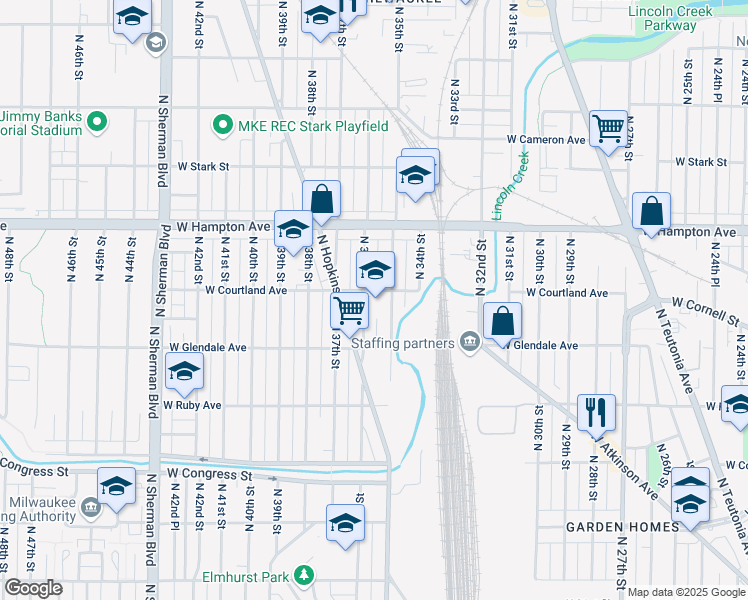 map of restaurants, bars, coffee shops, grocery stores, and more near 3517 West Courtland Avenue in Milwaukee