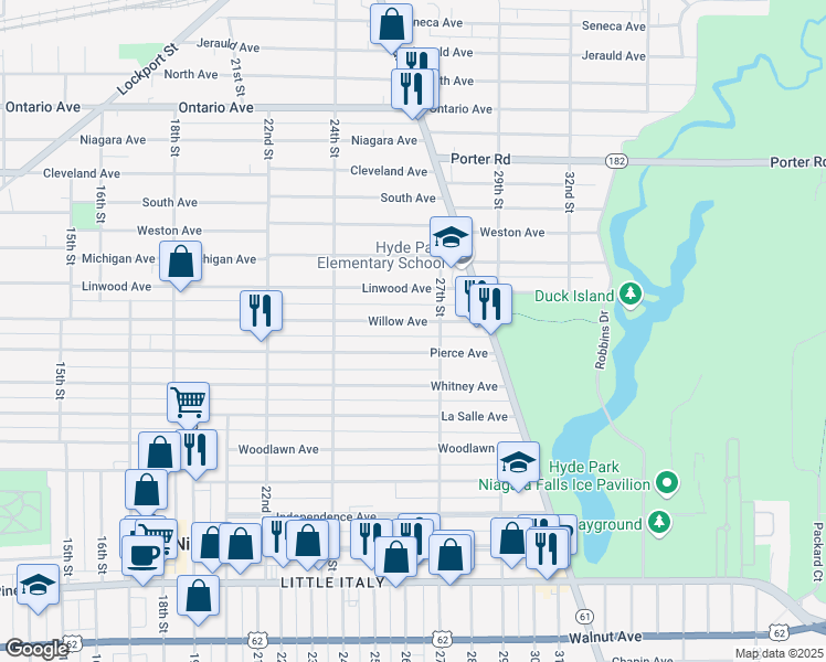 map of restaurants, bars, coffee shops, grocery stores, and more near 2477 Willow Avenue in Niagara Falls