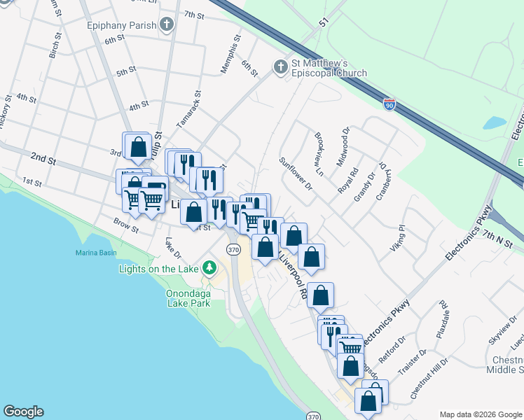 map of restaurants, bars, coffee shops, grocery stores, and more near 116 Salina Street in Liverpool