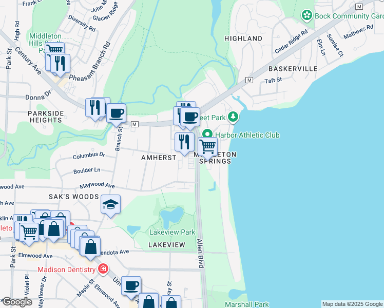 map of restaurants, bars, coffee shops, grocery stores, and more near 2526 Allen Boulevard in Middleton