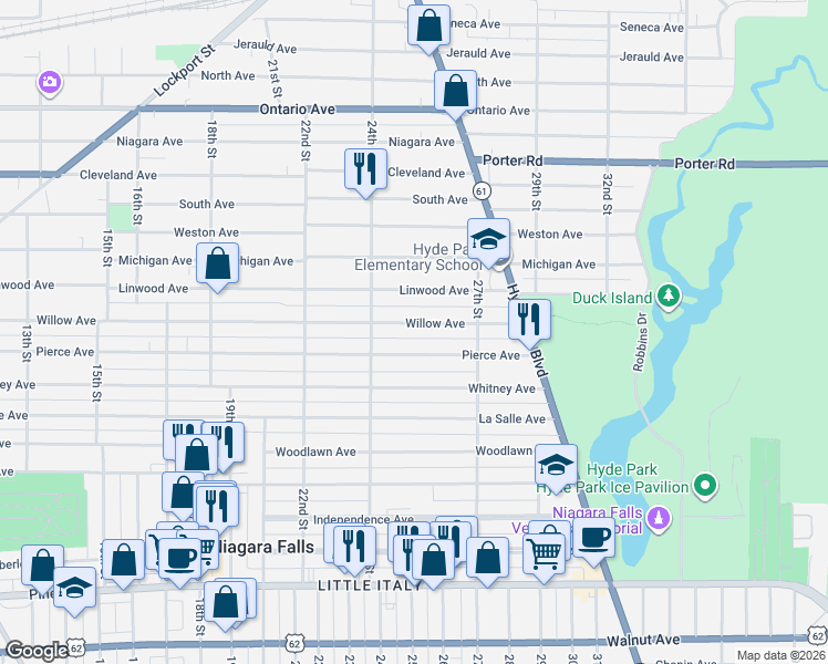 map of restaurants, bars, coffee shops, grocery stores, and more near 2443 Willow Avenue in Niagara Falls