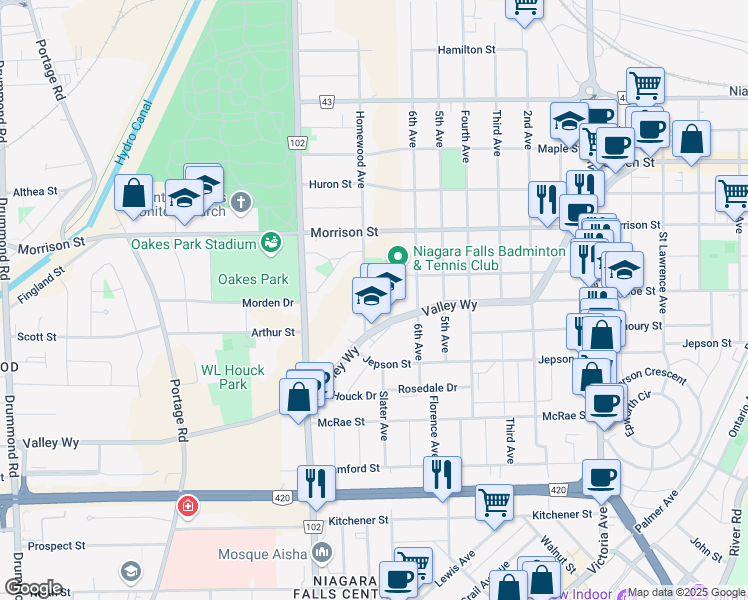 map of restaurants, bars, coffee shops, grocery stores, and more near 4958 Homewood Avenue in Niagara Falls