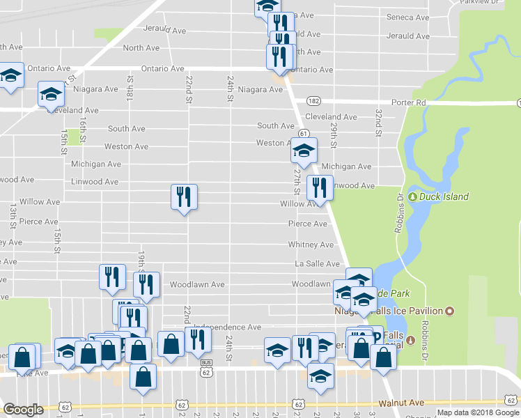 map of restaurants, bars, coffee shops, grocery stores, and more near 2447 Willow Avenue in Niagara Falls