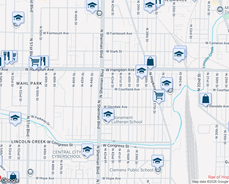 map of restaurants, bars, coffee shops, grocery stores, and more near 4676 North 42nd Street in Milwaukee