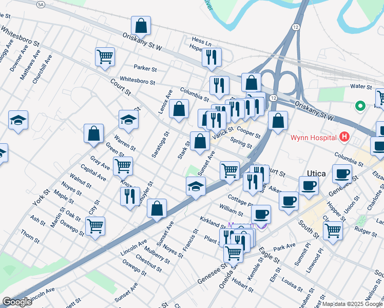 map of restaurants, bars, coffee shops, grocery stores, and more near 811 Court Street in Utica