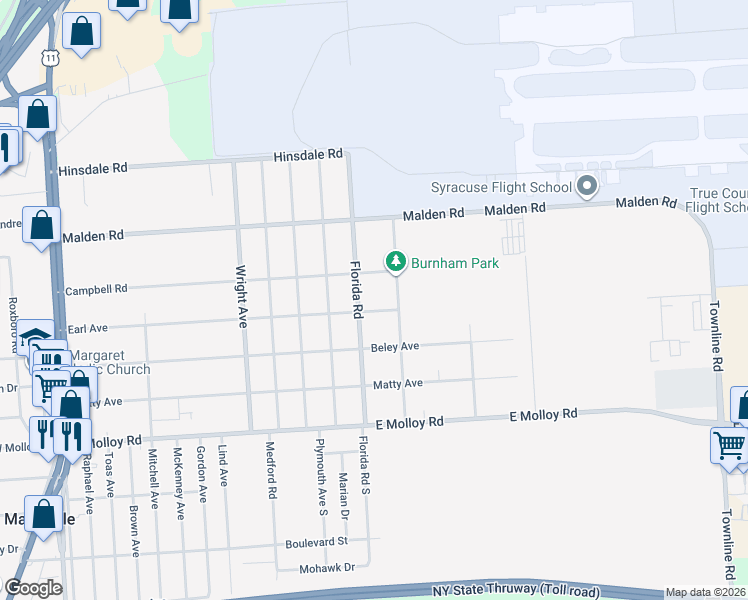 map of restaurants, bars, coffee shops, grocery stores, and more near 406 Florida Road in Syracuse