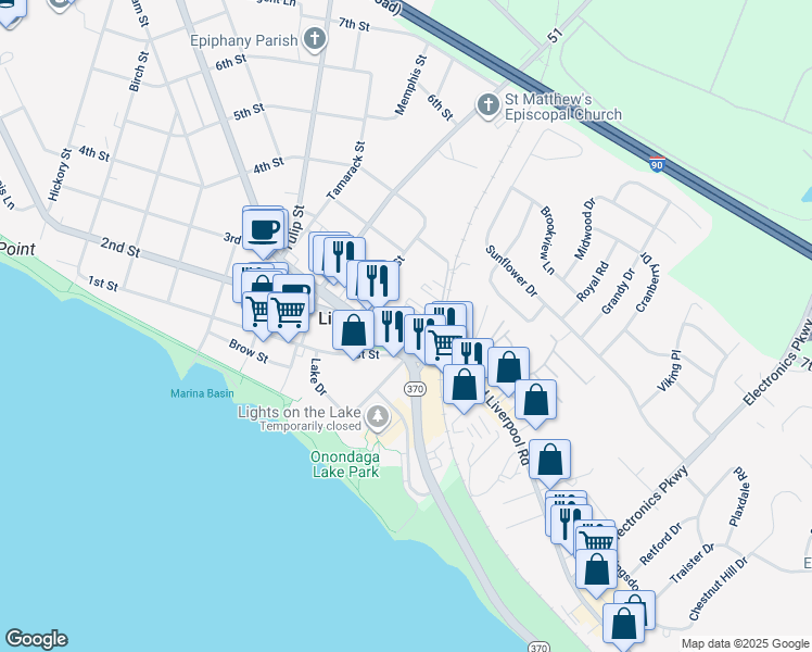 map of restaurants, bars, coffee shops, grocery stores, and more near 105 North Willow Street in Liverpool
