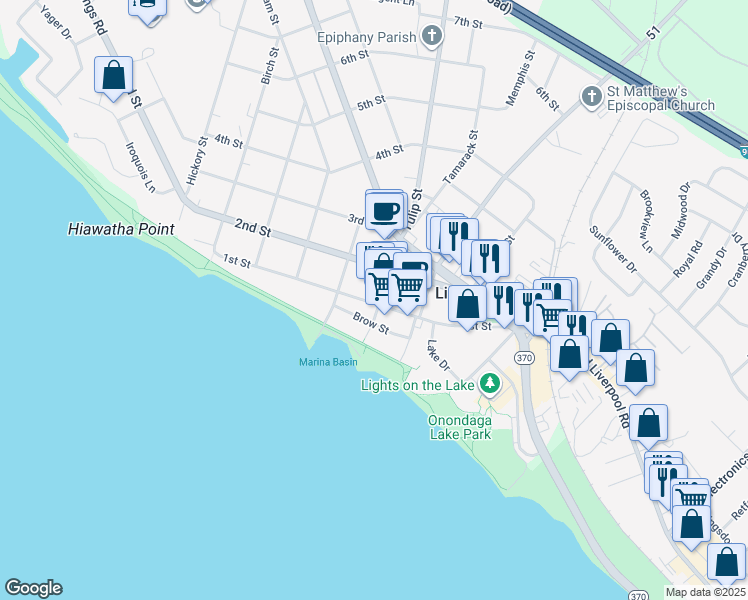 map of restaurants, bars, coffee shops, grocery stores, and more near 406 1st Street in Liverpool