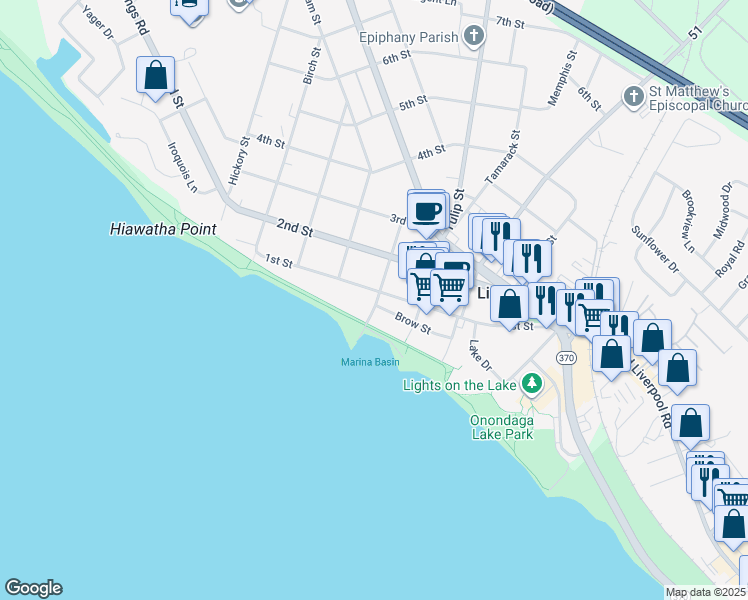map of restaurants, bars, coffee shops, grocery stores, and more near 501 1st Street in Liverpool