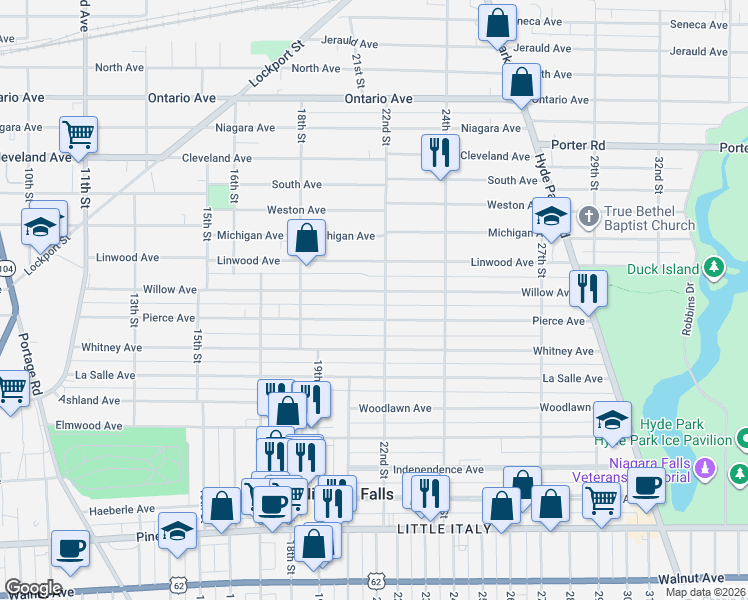 map of restaurants, bars, coffee shops, grocery stores, and more near 1883 Willow Avenue in Niagara Falls