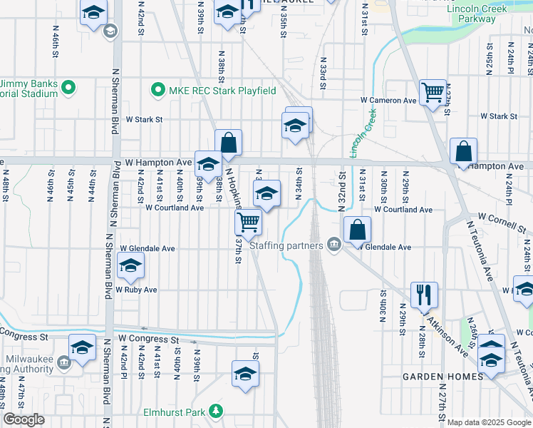 map of restaurants, bars, coffee shops, grocery stores, and more near 4703 North 35th Street in Milwaukee