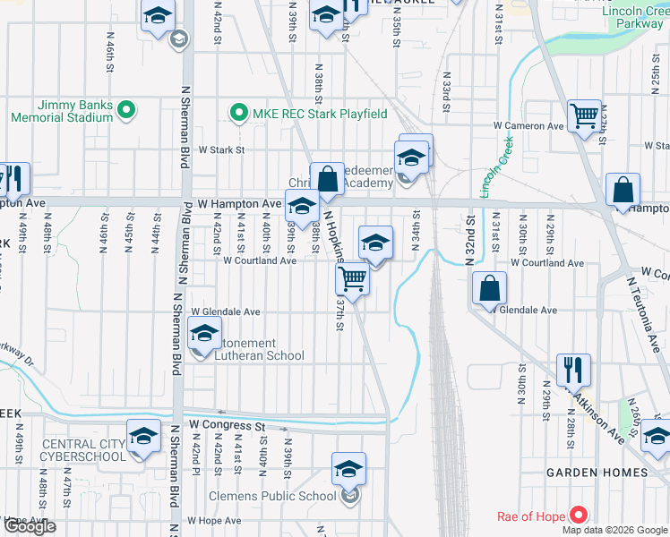 map of restaurants, bars, coffee shops, grocery stores, and more near 4676 North 38th Street in Milwaukee