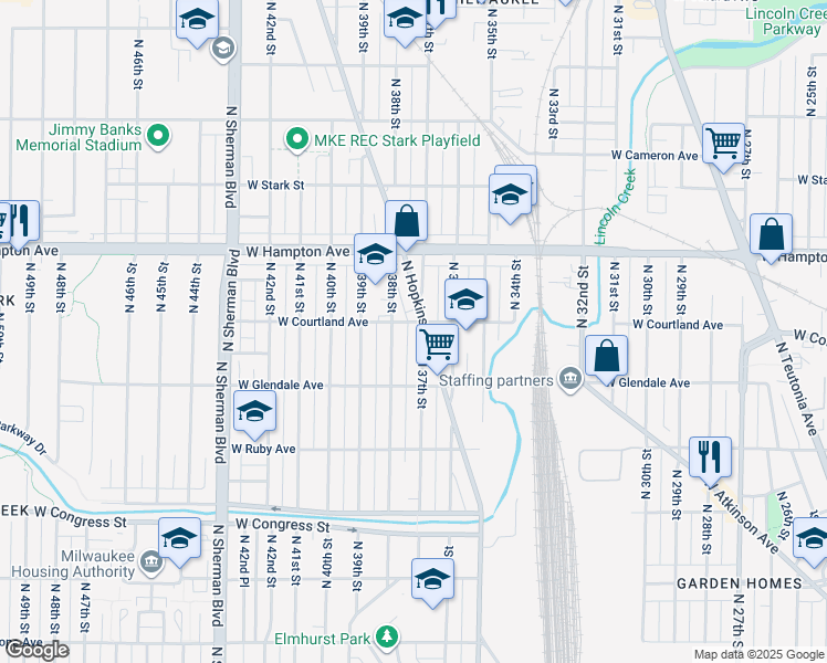 map of restaurants, bars, coffee shops, grocery stores, and more near 4676 North 38th Street in Milwaukee