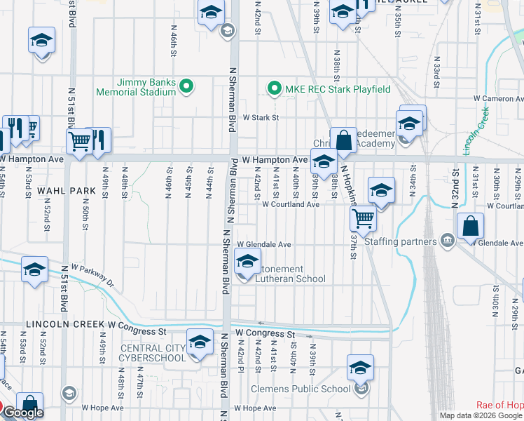 map of restaurants, bars, coffee shops, grocery stores, and more near 4676 North 42nd Street in Milwaukee