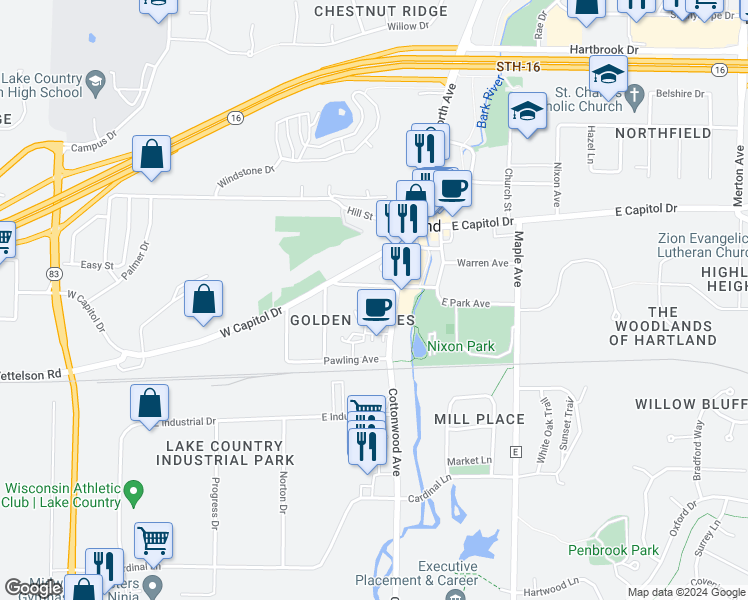 map of restaurants, bars, coffee shops, grocery stores, and more near 301 Cottonwood Avenue in Hartland