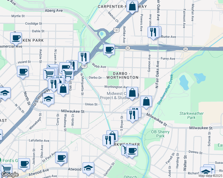 map of restaurants, bars, coffee shops, grocery stores, and more near 3105 Worthington Avenue in Madison