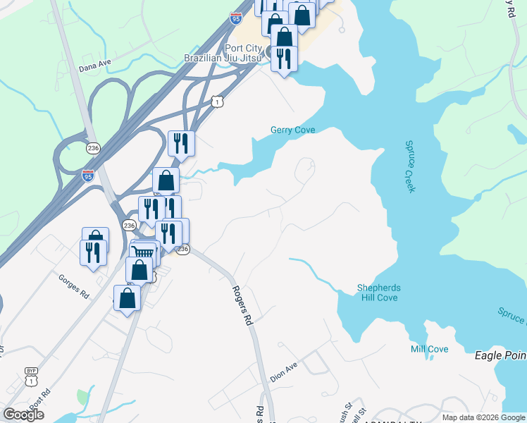 map of restaurants, bars, coffee shops, grocery stores, and more near Shepard's Cove Road in Kittery