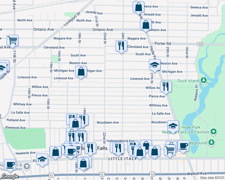 map of restaurants, bars, coffee shops, grocery stores, and more near 2225 Willow Ave in Niagara Falls