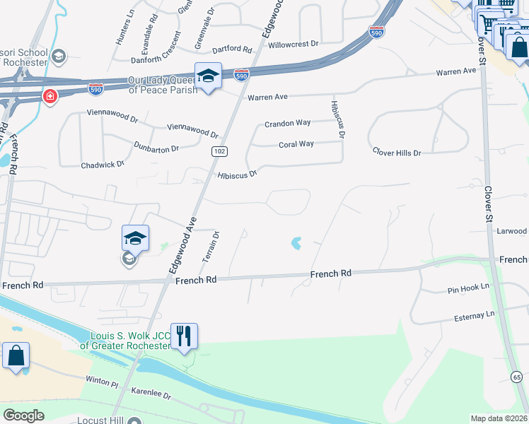 map of restaurants, bars, coffee shops, grocery stores, and more near 115 Dunrovin Lane in Rochester