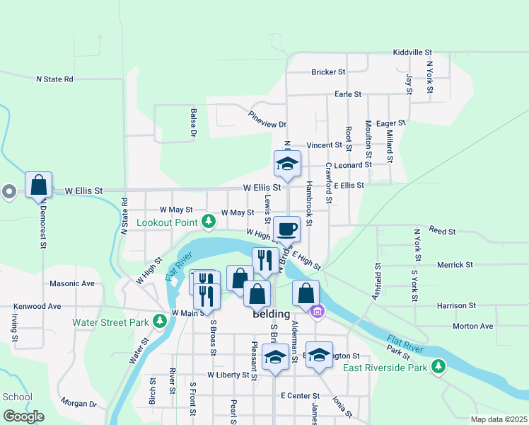 map of restaurants, bars, coffee shops, grocery stores, and more near 220 West May Street in Belding