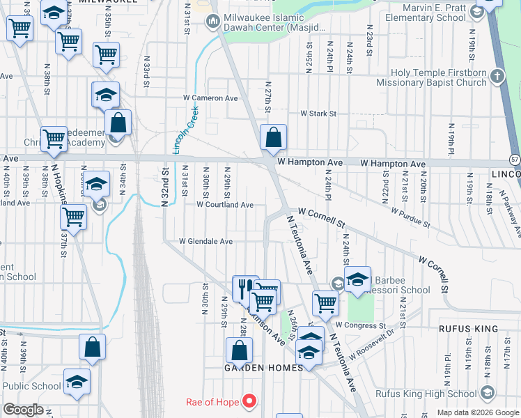 map of restaurants, bars, coffee shops, grocery stores, and more near 4668 North 27th Street in Milwaukee