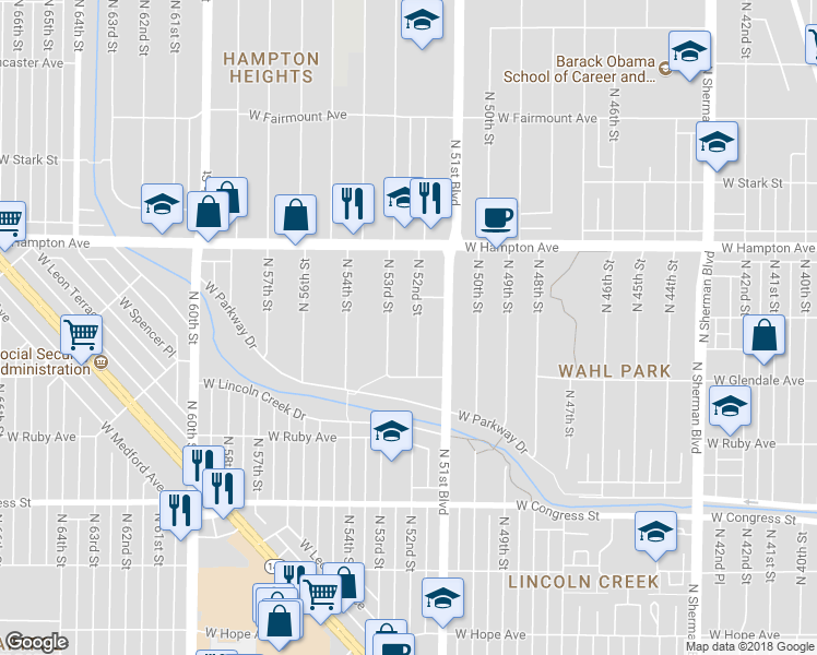 map of restaurants, bars, coffee shops, grocery stores, and more near 4673 North 52nd Street in Milwaukee