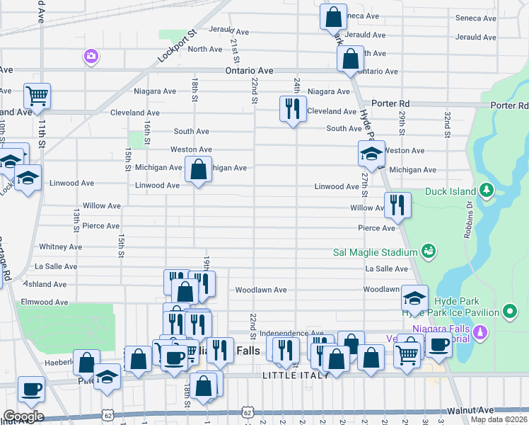 map of restaurants, bars, coffee shops, grocery stores, and more near 2225 Willow Avenue in Niagara Falls