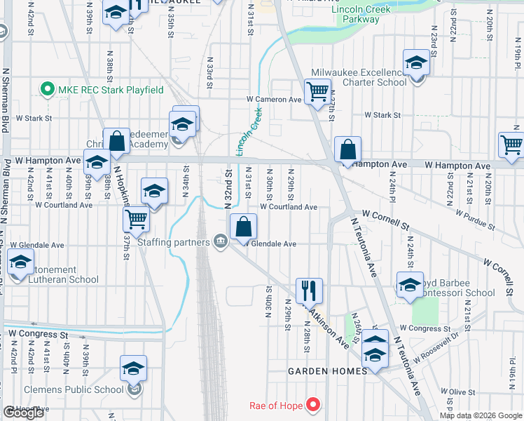 map of restaurants, bars, coffee shops, grocery stores, and more near 4669 North 30th Street in Milwaukee