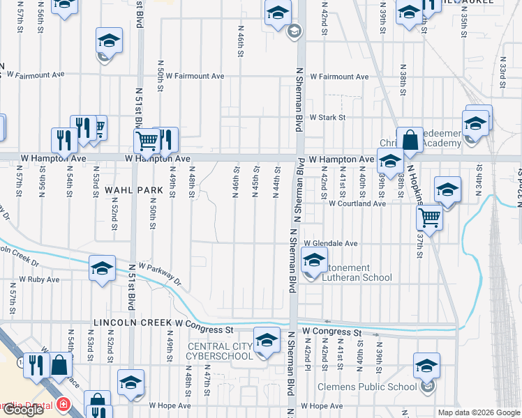 map of restaurants, bars, coffee shops, grocery stores, and more near 4672 North 45th Street in Milwaukee