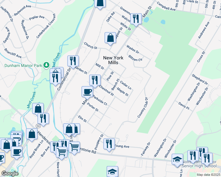 map of restaurants, bars, coffee shops, grocery stores, and more near in New York Mills