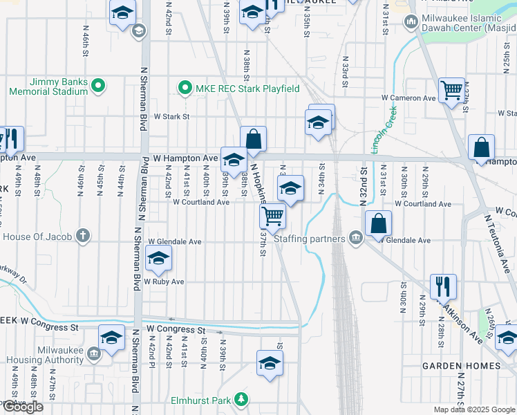 map of restaurants, bars, coffee shops, grocery stores, and more near 4676 North 38th Street in Milwaukee