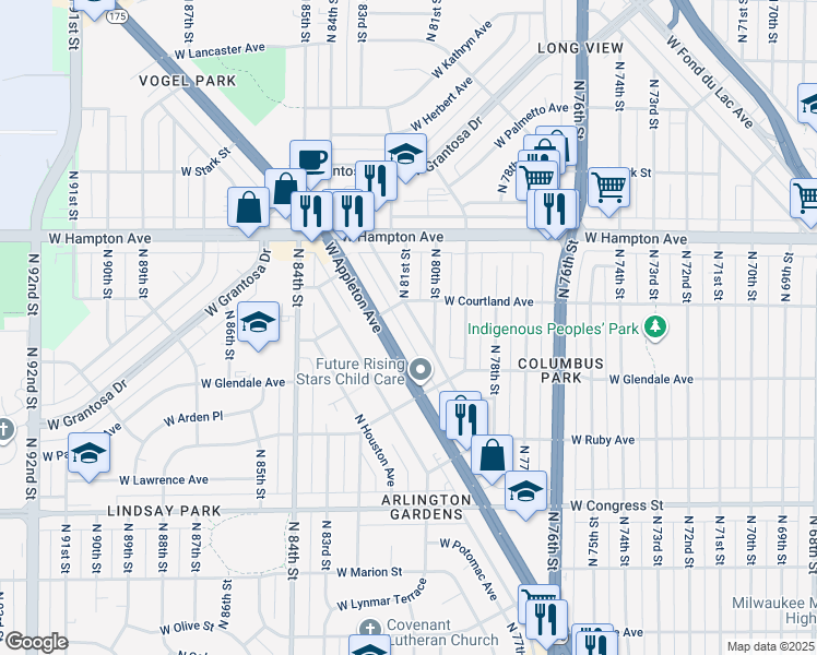 map of restaurants, bars, coffee shops, grocery stores, and more near 8051 West Beckett Avenue in Milwaukee